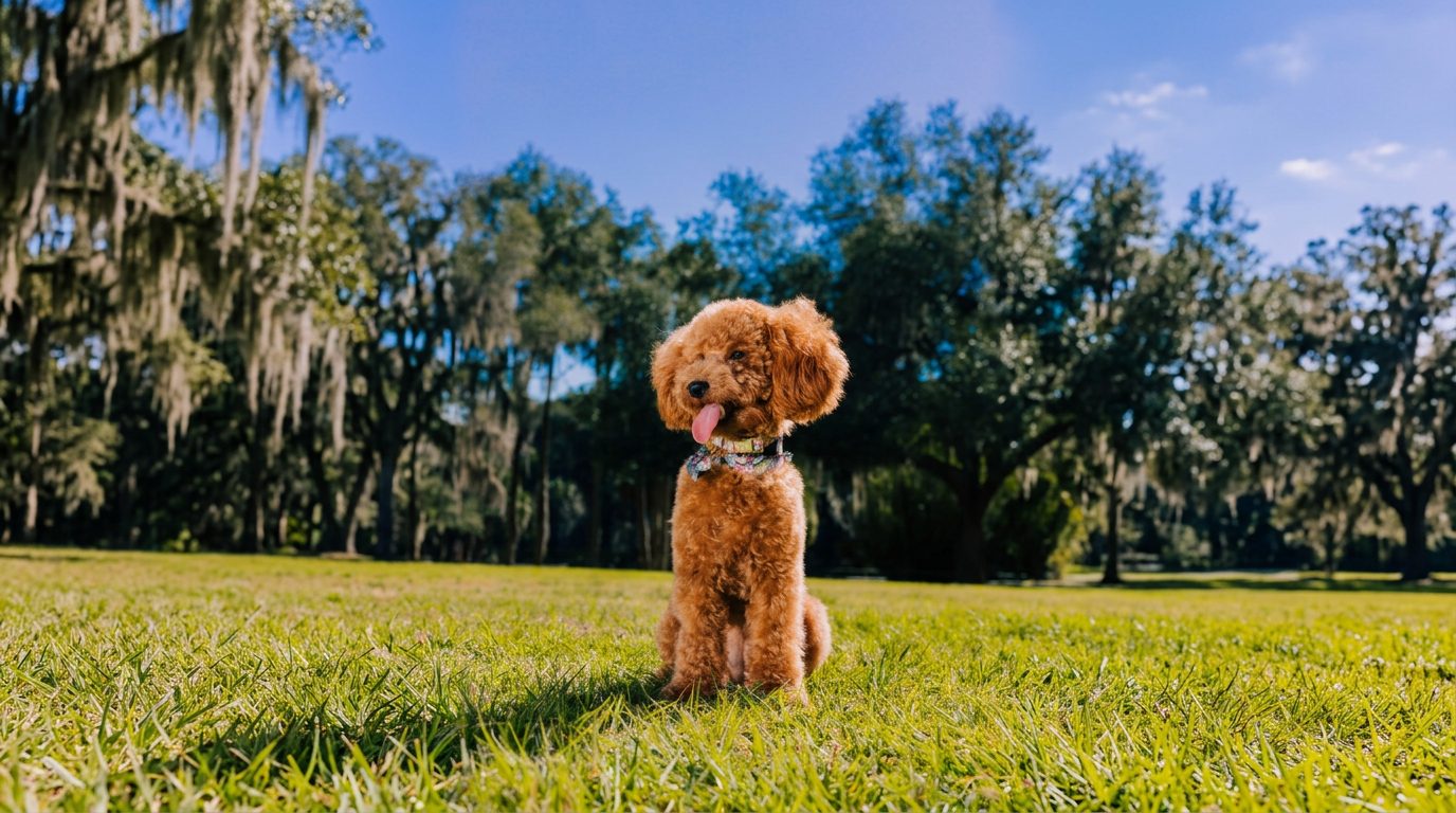 Red Toy Poodle sitting in a sunlit park, wearing a floral collar